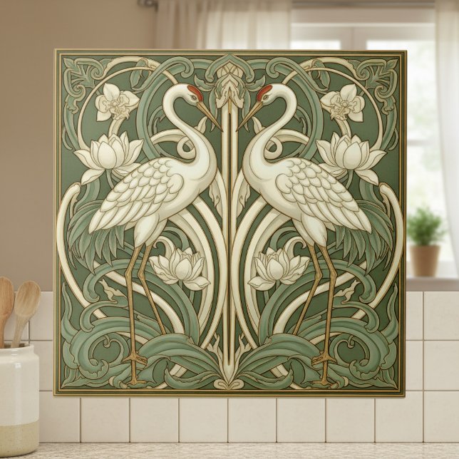 Two Cranes Art Nouveau Pat#10 Olive Ivory ID1193 Tile (Creator Uploaded)