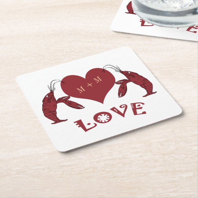 Two Crawfish Lobsters And Heart Square Paper Coaster (Angled)