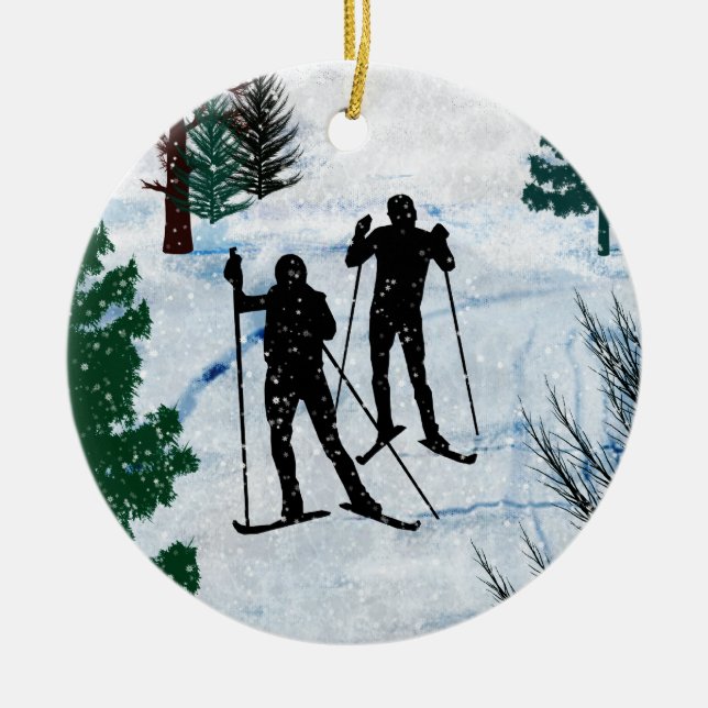 Two Cross Country Skiers Ceramic Tree Decoration (Front)