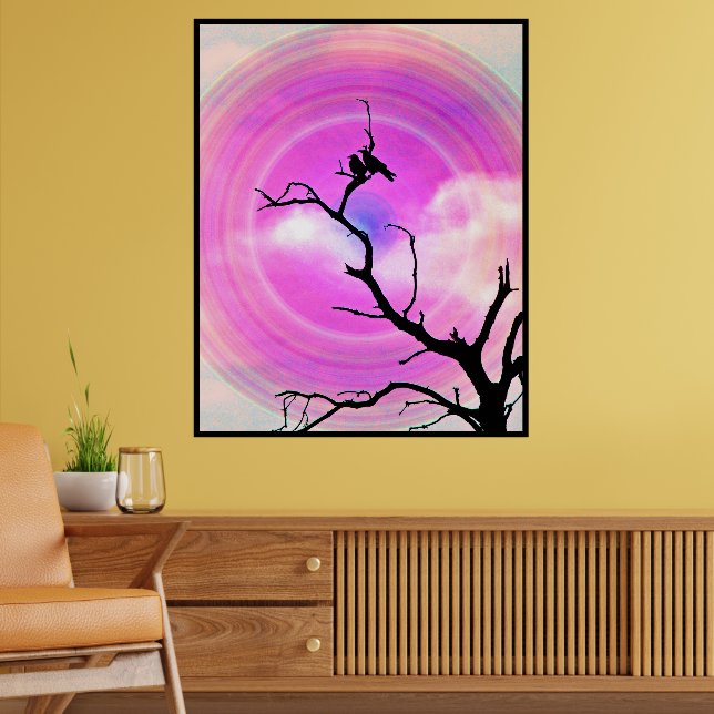 Two Crows Silhouette BW Photograph With Purple Sun Poster (Living Room 2)
