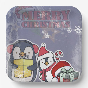 Two Cue cartoon Penguins ready for Christmas Paper Plate