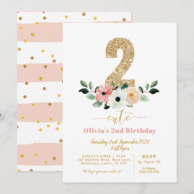 Two cute | 2 cute | Girls second birthday Invite (Front/Back)