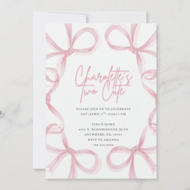 Two Cute 2nd Birthday Girl Watercolor Invitation  (Front)