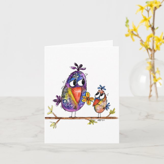 Two Cute and Whimsical Birds Card (Yellow Flower)