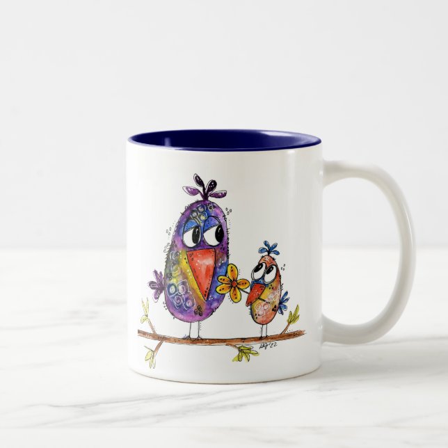 Two Cute and Whimsical Birds Two-Tone Coffee Mug (Right)