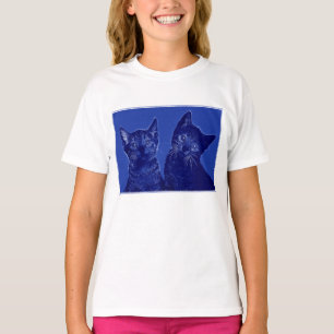 Two Cute Baby Kittens Heads in Blue Drawing Effect T-Shirt