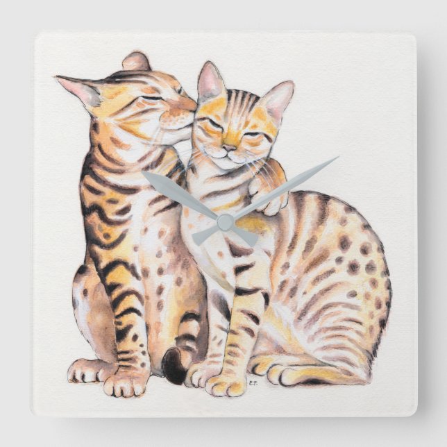 Two Cute Bengal Cats Watercolor art Square Wall Clock (Front)