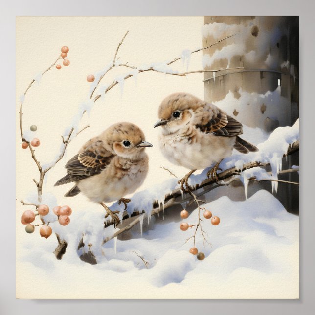 Two cute birds on ice covered branch, Art Poster (Front)