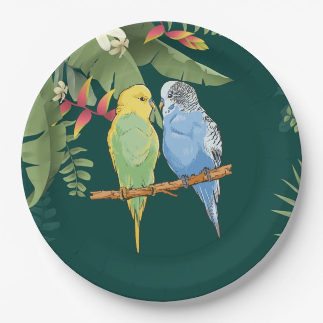 Two cute blue and green Budgies Paper Plate (Front)