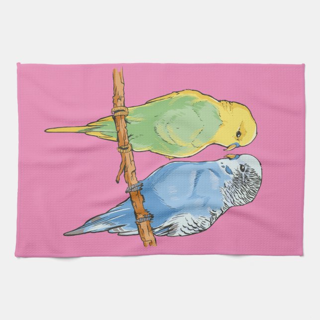 Two cute blue and green Budgies Tea Towel (Horizontal)
