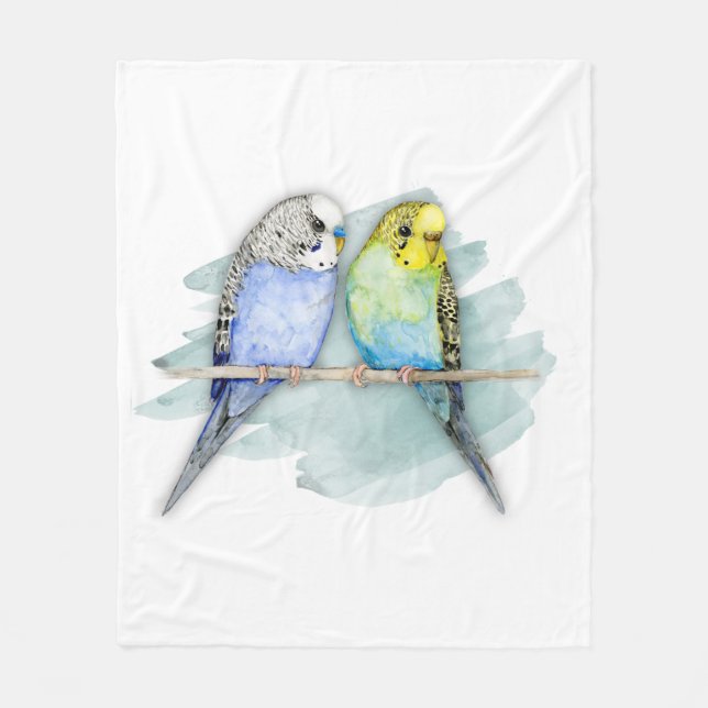 Two cute budgies watercolor fleece blanket (Front)
