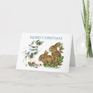 Two Cute Bunnies Merry Christmas Holiday Card