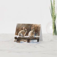 Two Cute Bunny Rabbits on a Bench in Snow Blank