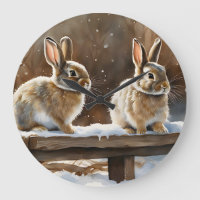 Two Cute Bunny Rabbits on a Bench in Snow
