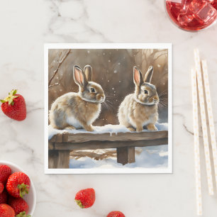 Two Cute Bunny Rabbits on a Bench in Snow Napkin