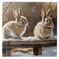 Two Cute Bunny Rabbits on a Bench in Snow