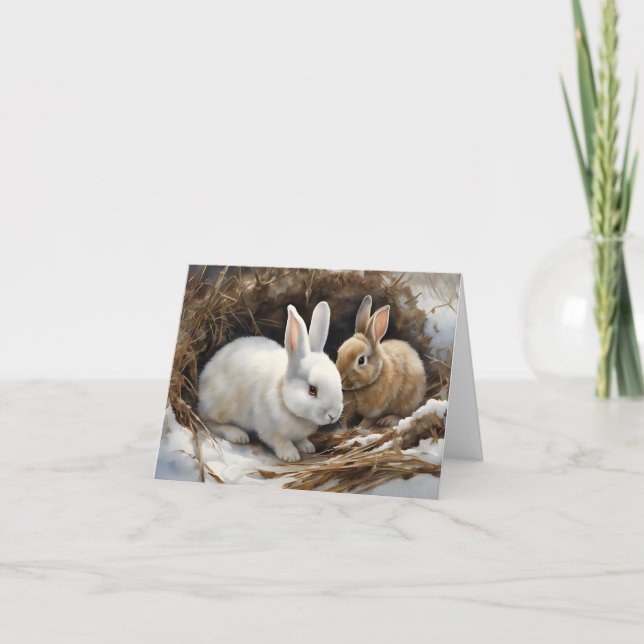 Two Cute Bunny Rabbits Snuggled in the Snow Blank Card (Front)