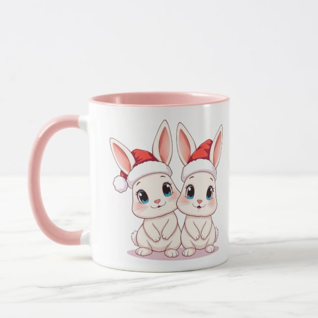 two cute bunny wearing santa hat mug (Left)