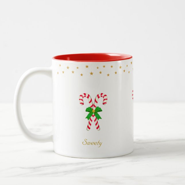 Two cute candy canes, golden stars & editable text Two-Tone coffee mug (Left)