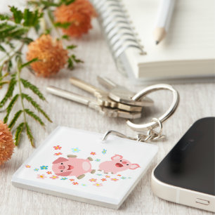 Two Cute Cartoon Pigs in Spring Acrylic Keychain