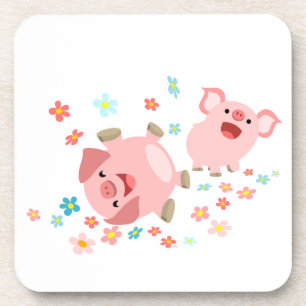 Two Cute Cartoon Pigs in Spring Coasters Set