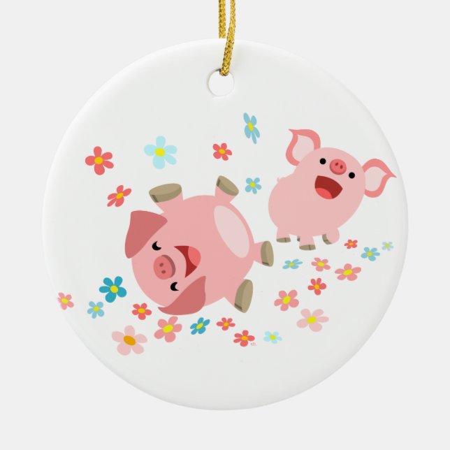 Two Cute Cartoon Pigs in Spring Ornament (Front)