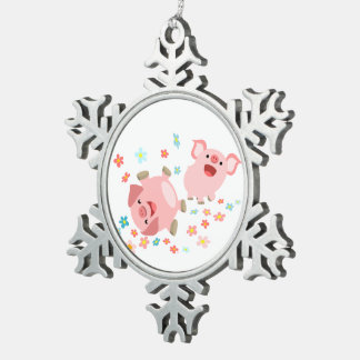 Two Cute Cartoon Pigs in Spring Pewter Ornament