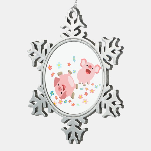 Two Cute Cartoon Pigs in Spring Pewter Ornament (Right)