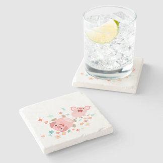 Two Cute Cartoon Pigs in Spring Stone Coaster