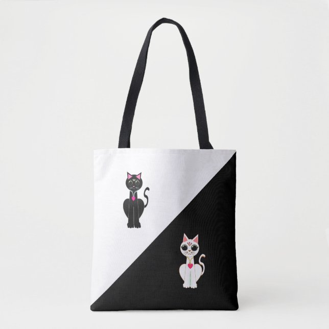 Two Cute Cats on Black & White Tote Bag (Front)