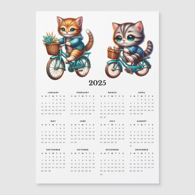 Two Cute Cats Riding Bicycles 2025 Magnet Calendar (Front)