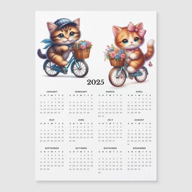 Two Cute Cats Riding Bicycles 2025 Magnet Calendar (Front)