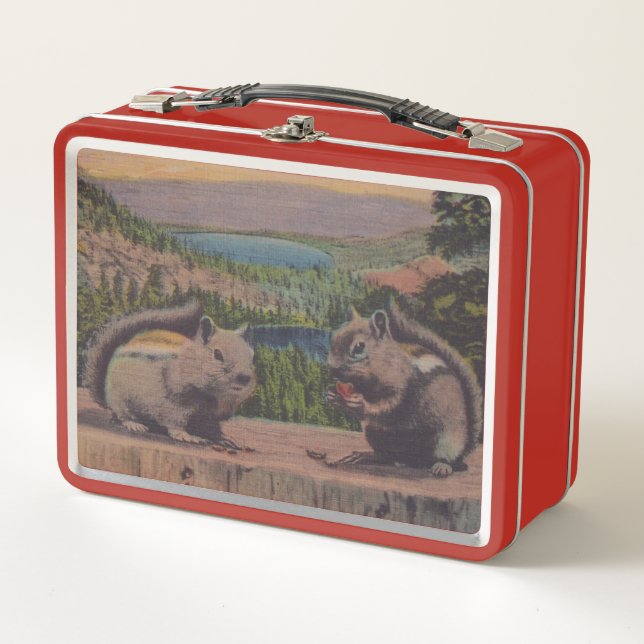 Two Cute Chipmunks on Log Mountains Lake Metal Lunch Box (Front)