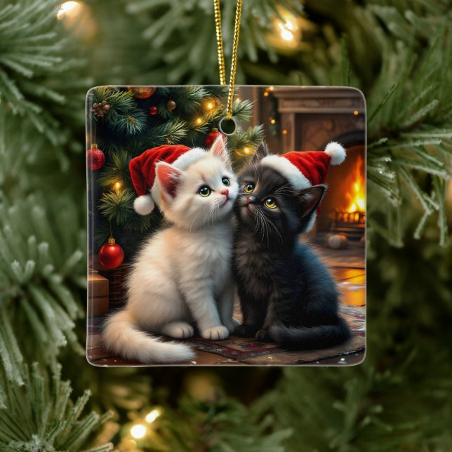 Two cute Christmas kitten with Santa hats Ceramic Ornament (Tree)