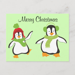 Two Cute Dancing Cartoon Penguins Holiday Postcard