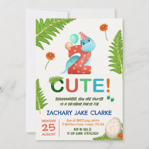 Two Cute, Dinosar 2nd birthday invitation