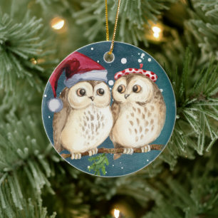 Two cute drawn Owls Ceramic Tree Decoration