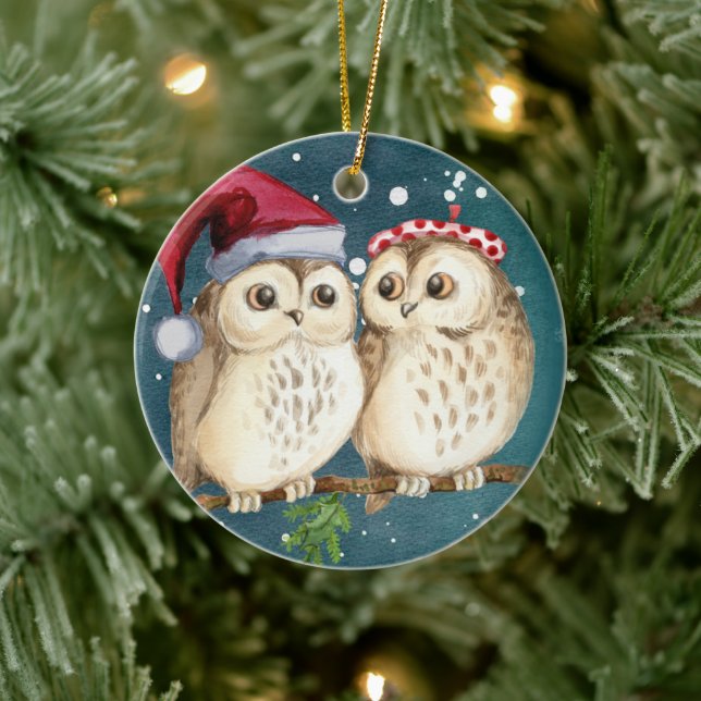 Two cute drawn Owls Ceramic Tree Decoration (Tree)