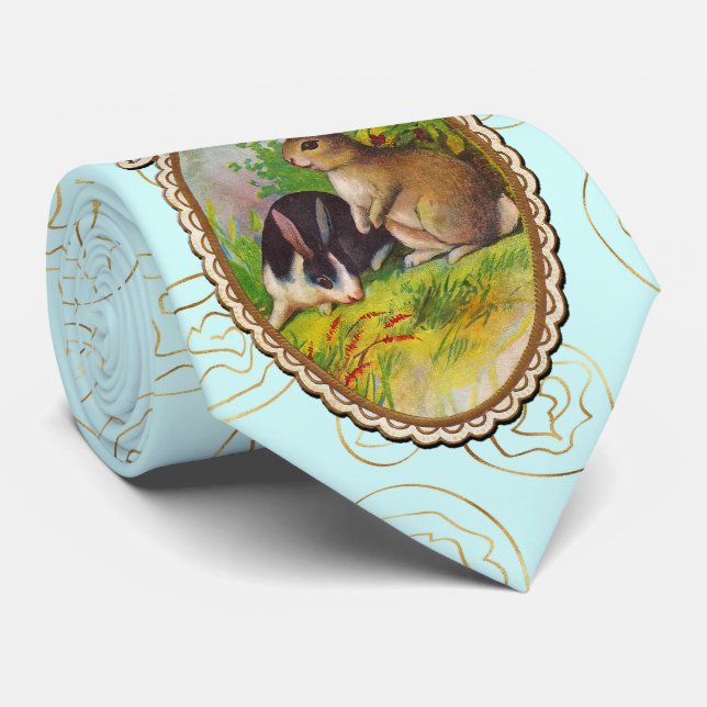 Two Cute Easter Bunnies Gold Flowers Turquoise Tie (Rolled)
