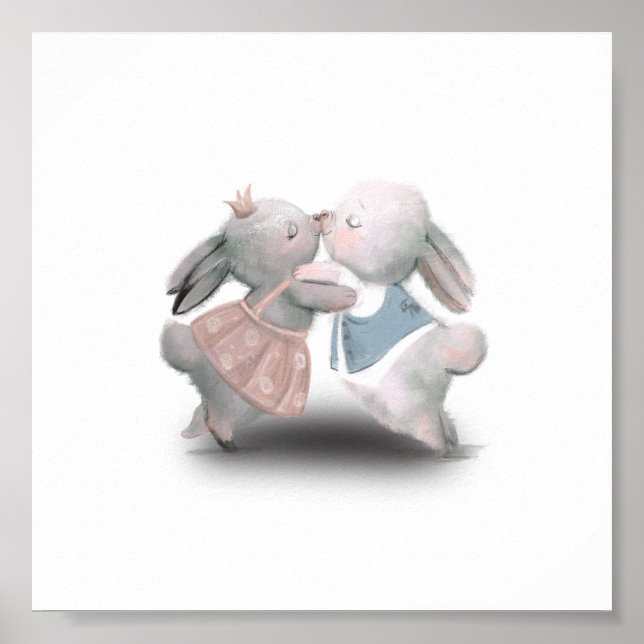 Two Cute Fluffy Pink And Blue Rabbits Poster (Front)