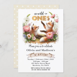Two Cute Foxes Wild Ones Twins Birthday Invitation