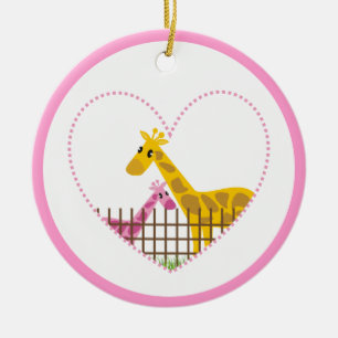 Two cute giraffes in a dotted heart Mother Child Ceramic Tree Decoration
