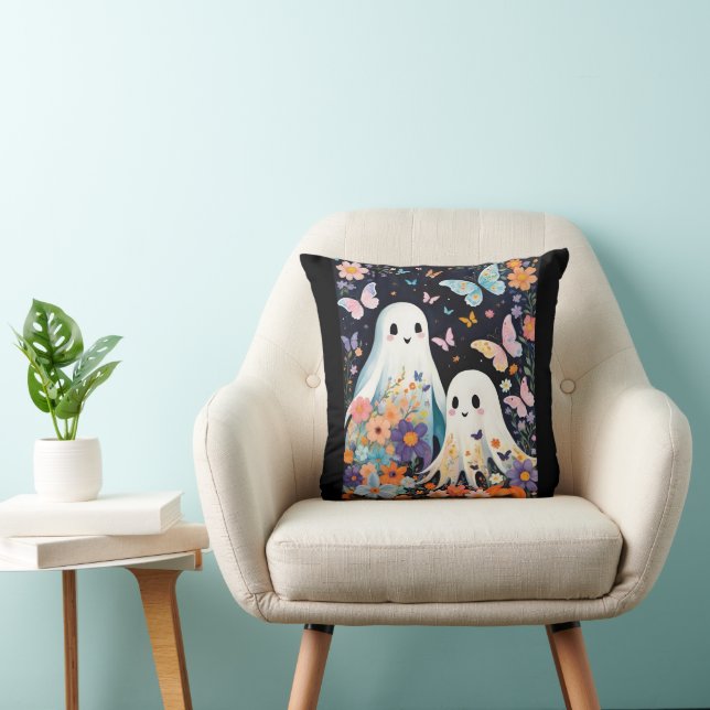 Two Cute Halloween Ghosts With Butterflies Floral Cushion (Chair)