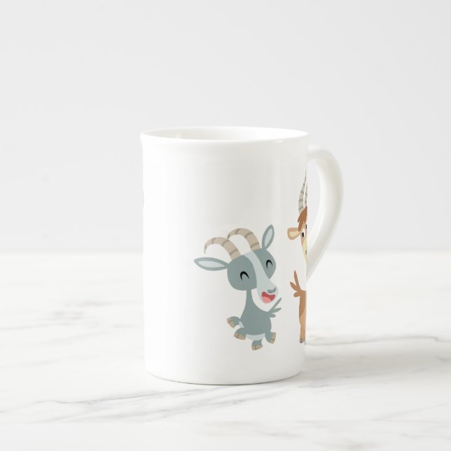 Two Cute Happy Cartoon Goats Bone China Mug (Front Right)