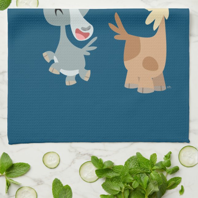 Two Cute Happy Cartoon Goats Kitchen Towel (Folded)