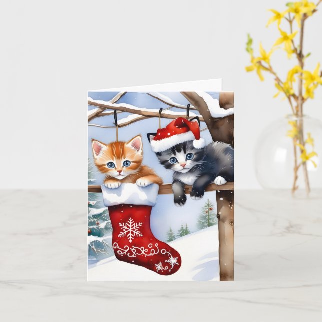 Two Cute Kittens Christmas Stocking Red Hat Blank Card (Yellow Flower)