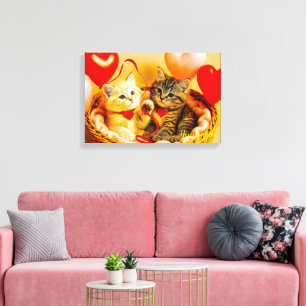Two Cute Kittens in Basket Valentine Heart Balloon Canvas Print