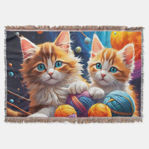 Two Cute kittens with balls of yarn and Planets Throw Blanket