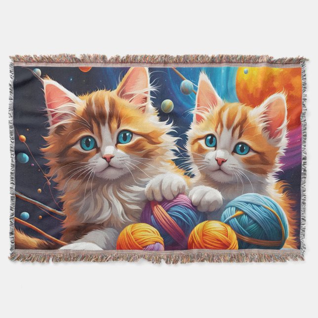 Two Cute kittens with balls of yarn and Planets Throw Blanket (Front)