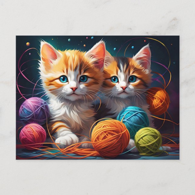 Two Cute kittens with balls of yarn  Postcard (Front)